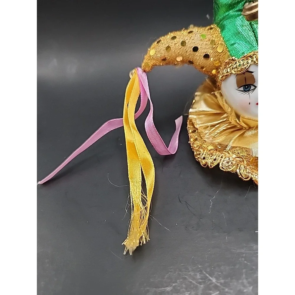 Jester Harlequin Clown Head Gold & Green Hand Painted Porcelain‎ Ornament/Magnet